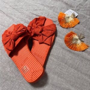 Women's Orange Bow Slide Sandals and earrings set!